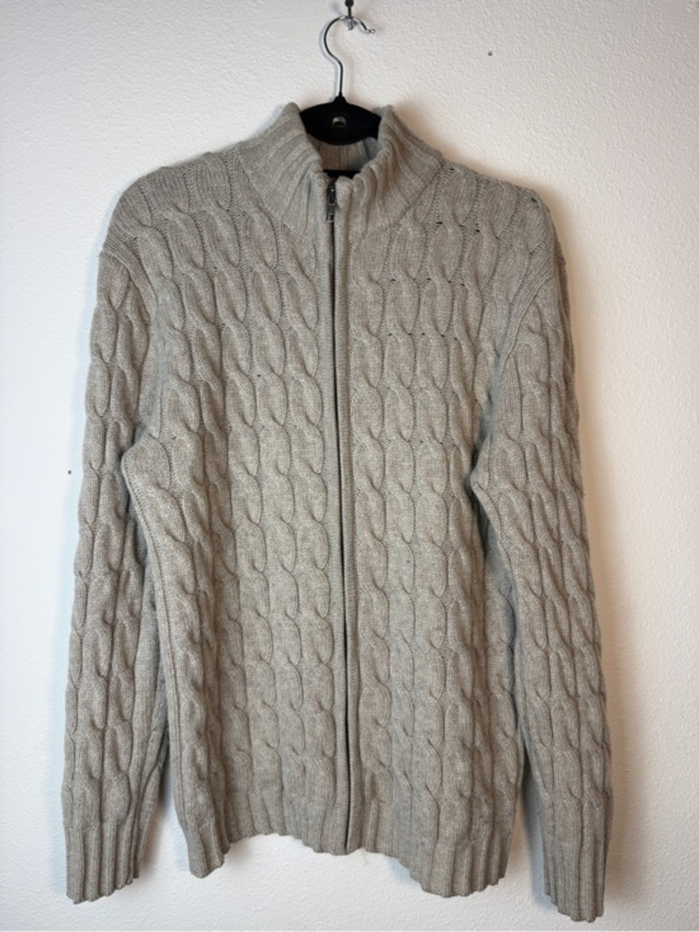 Allen Solly Mens Cable Knit Cardigan Full Zip Lambswool Gray Sweater L Vintage
